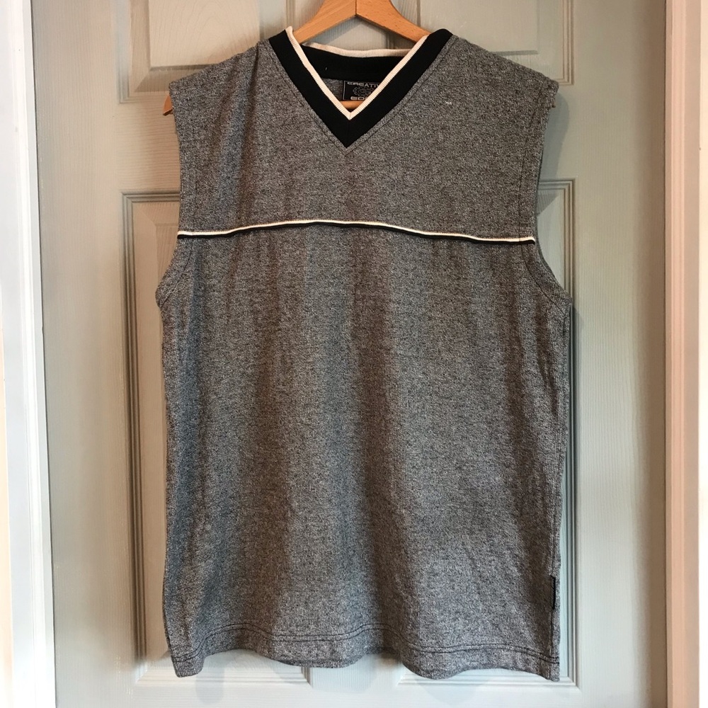 Creative Edge Men's L Vintage 90s Gray Black Sleeveless V-Neck Sweater Vest Top